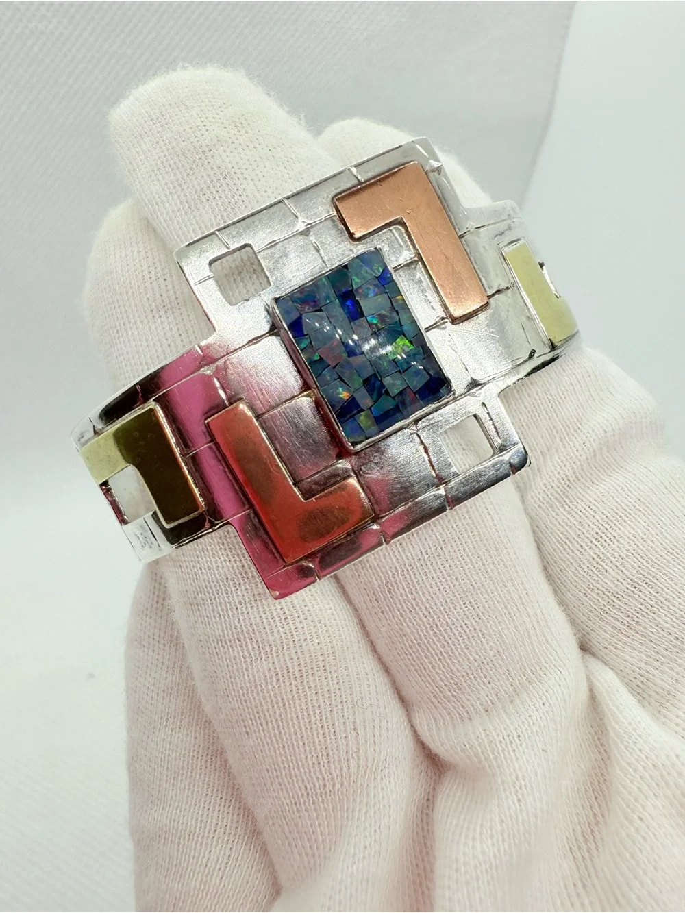 Vintage Modernist Sterling Silver Multi-Tone Inlay Cuff Bracelet